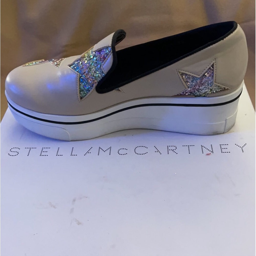 Stella McCartney Binx Slip On Platforms 38 Euro/8 US Khaki w/ 🌈 Sparkle Stars - Picture 9 of 11